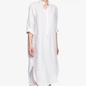 THE SLEEP SHIRT Linen Ankle Length Sleep Shirt Brown Pinstripe Linen